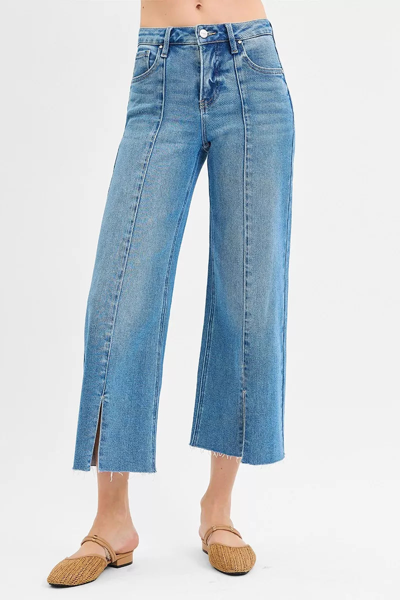 RISEN mid rise cropped wide leg front slit jeans front view in blue