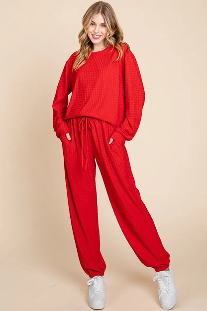 Super Lady Full Size Crinkle Check Round Neck Top and Pants Lounge Set - Fashorio