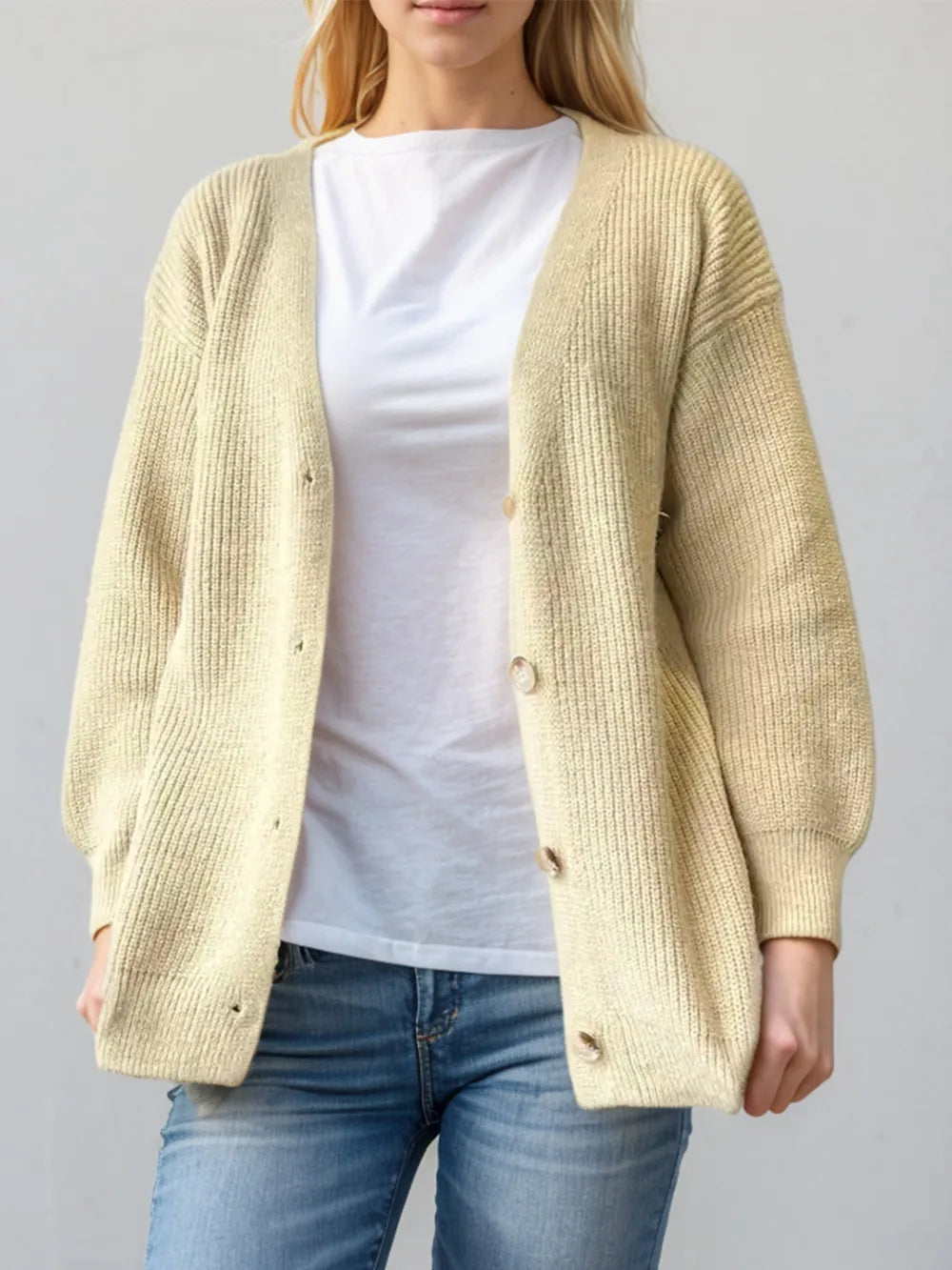 Button Down V-Neck Long Sleeve Cardigan - Fashorio