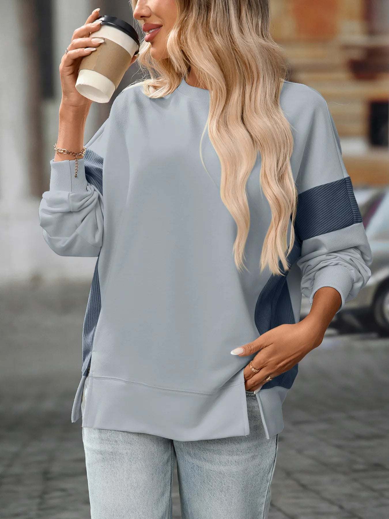 Slit Round Neck Long Sleeve Sweatshirt - Fashorio