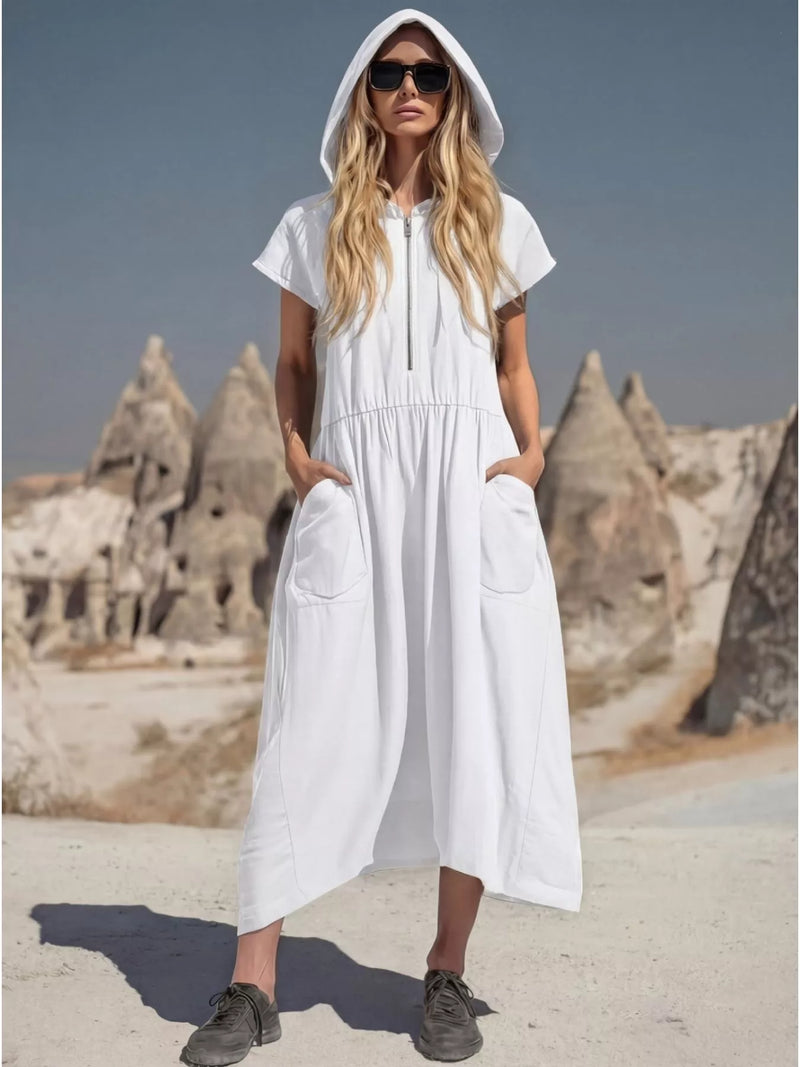 Hooded zip front midi dress front view