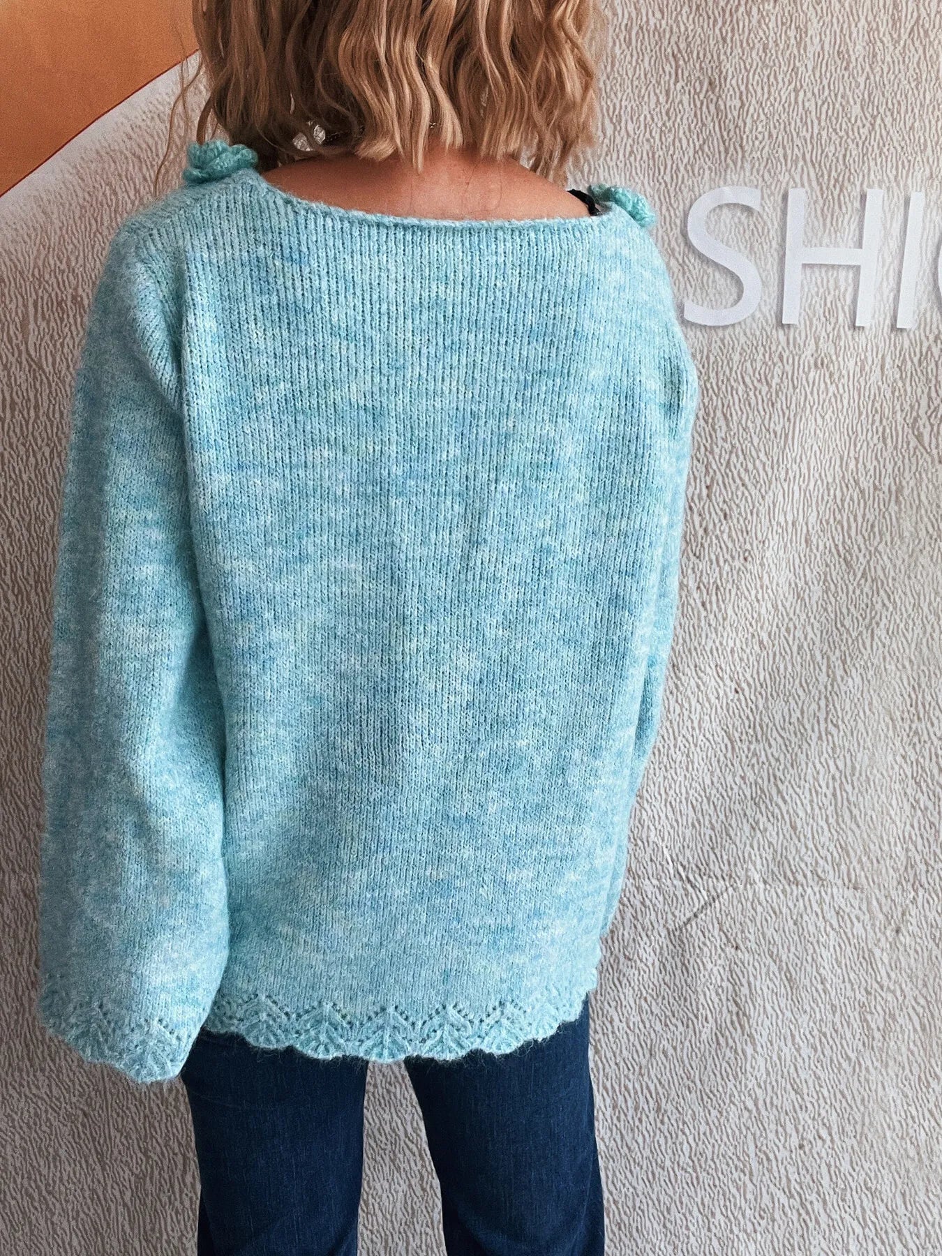 Flower V-Neck Long Sleeve Sweater - Fashorio