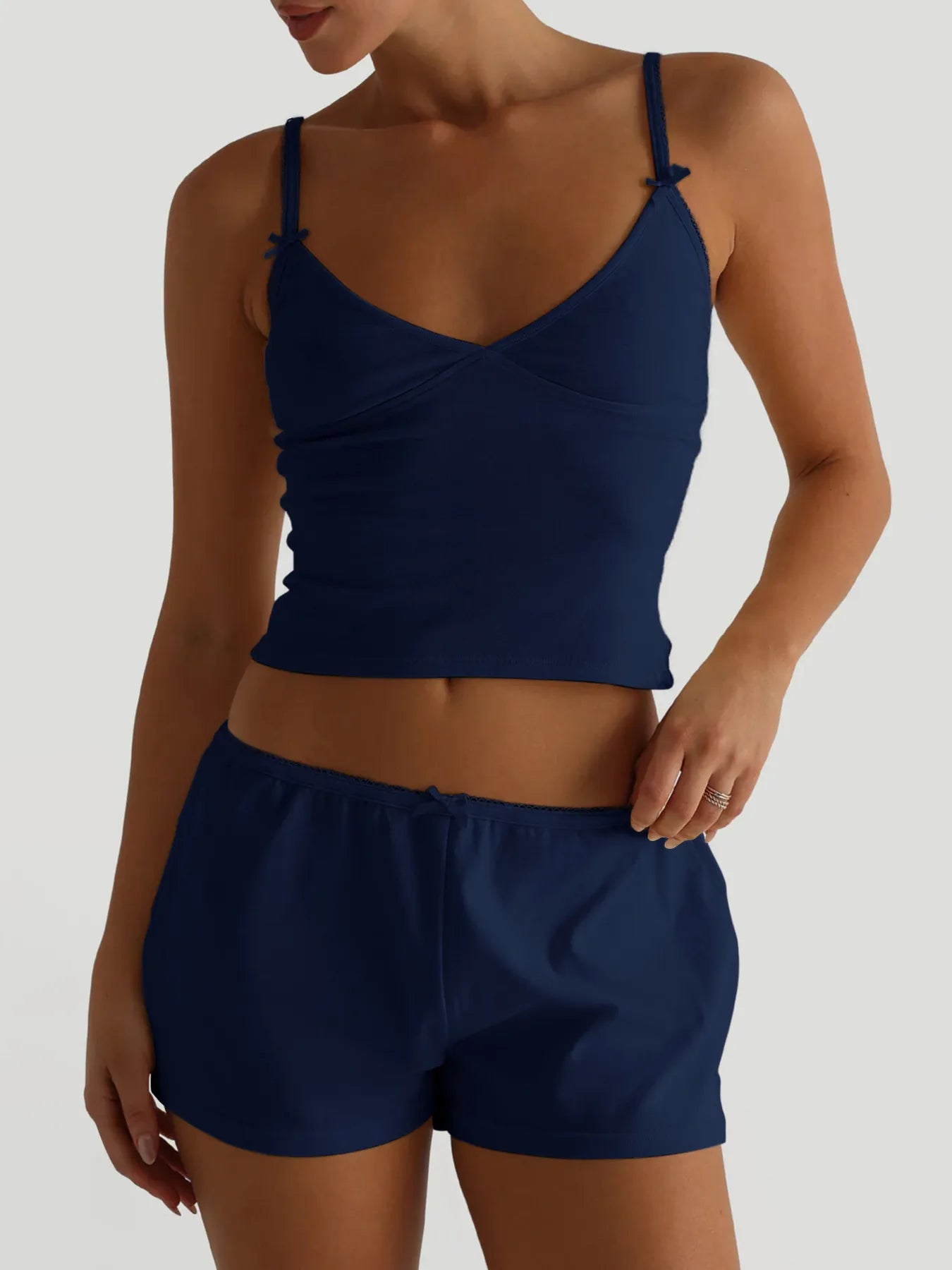 V-Neck Cami and Shorts Set Navy Blue - Fashorio