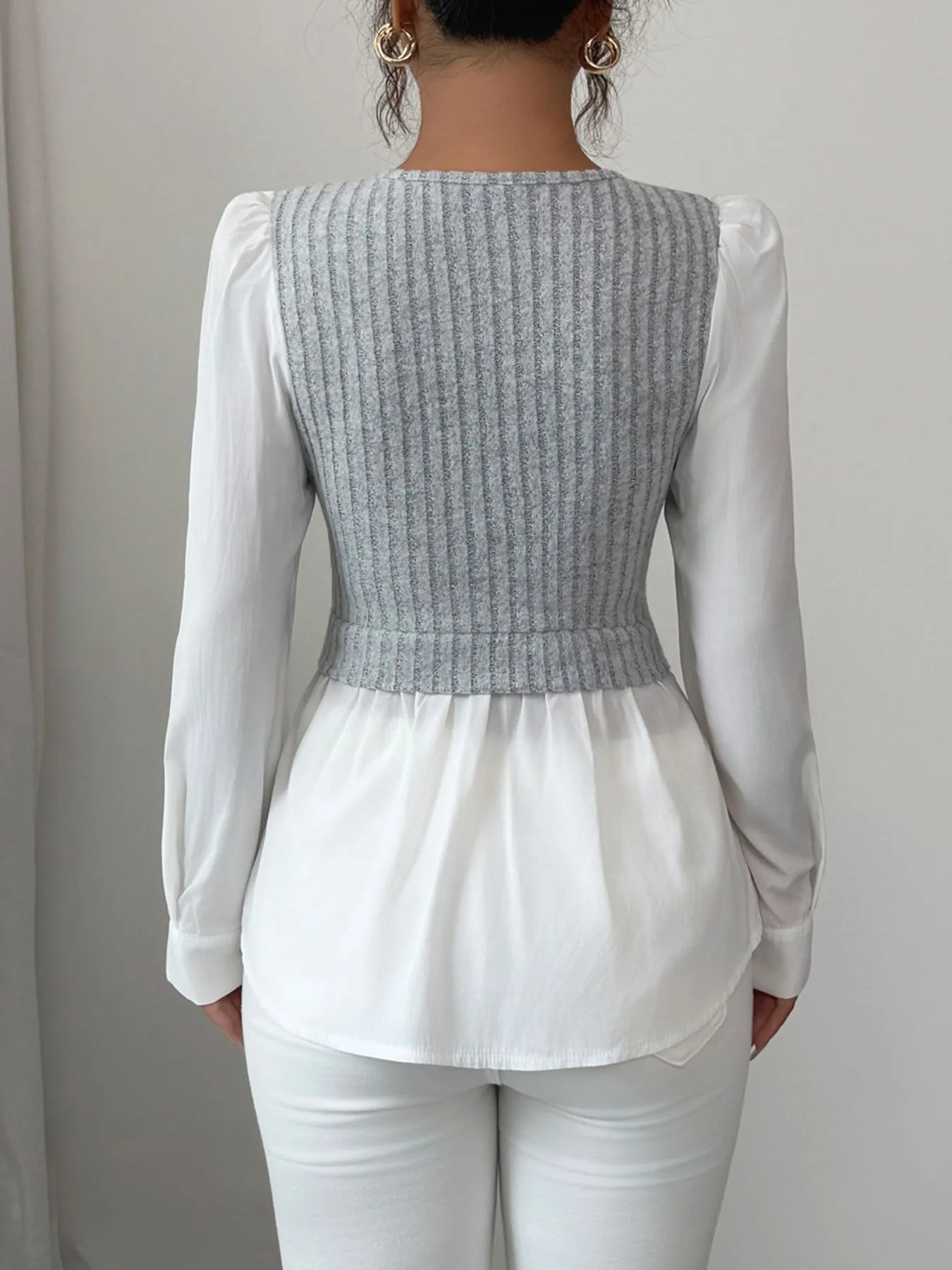 Ribbed Knit Splicing Contrast Long Sleeve Blouse - Fashorio