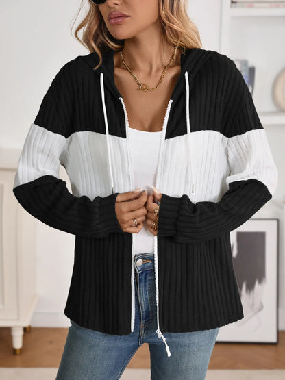 Drawstring Color Block Zip Up Outerwear - Fashorio