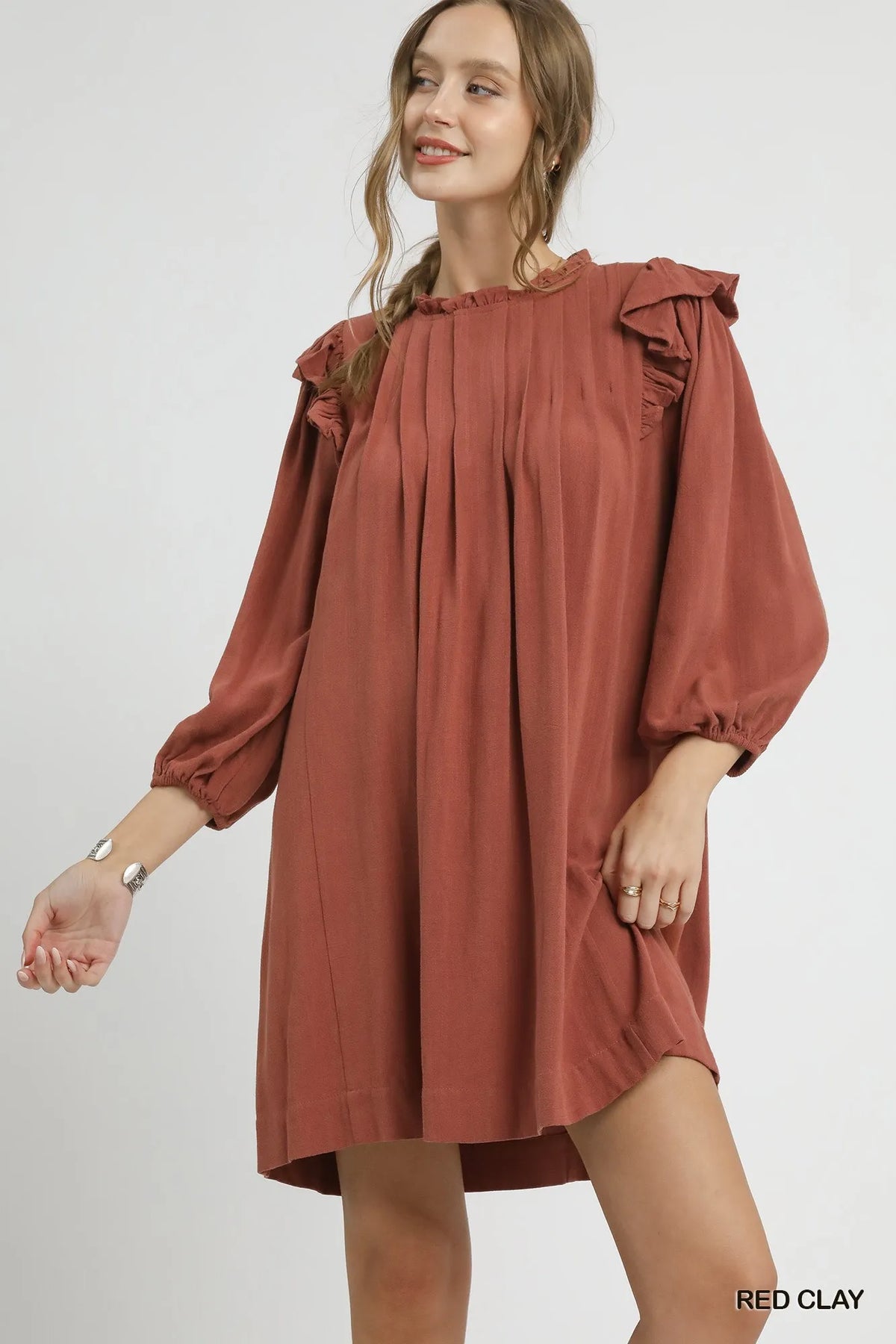 Linen Ruffle Shoulder Babydoll Dress in Red Clay