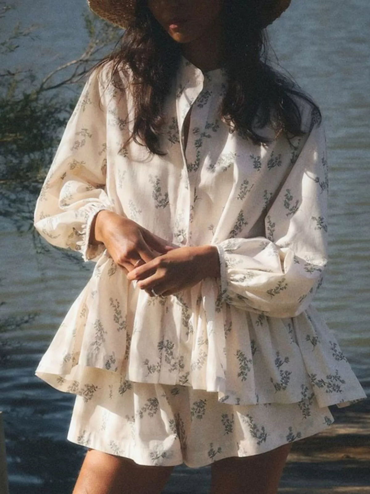 Floral balloon sleeve top and shorts two piece set