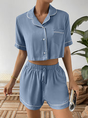 Ivy Lane Contrast Lapel Collar Cropped Shirt and Shorts Lounge Set Light Blue - Fashorio