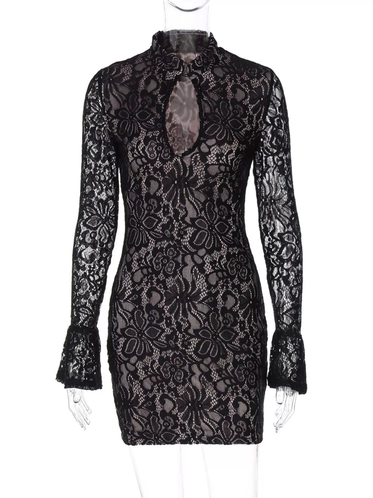 Black lace cutout long sleeve mini dress front view
