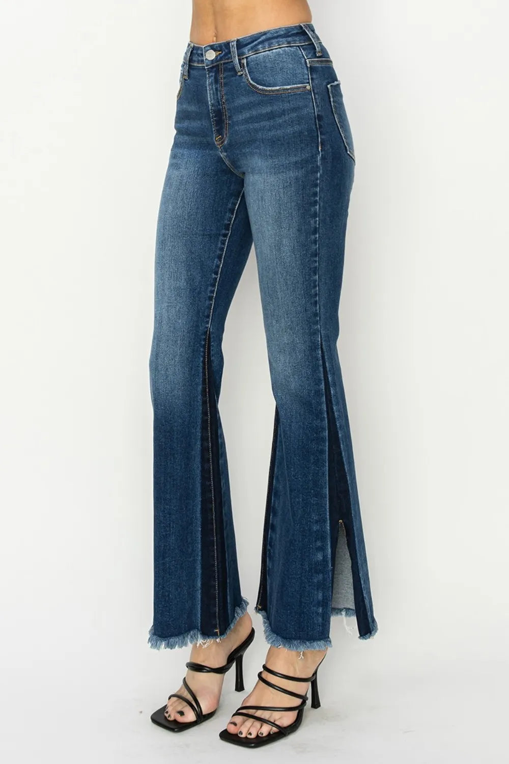 RISEN Full Size High Rise Side Shadow Seam Detail Slit Flare Jeans - Fashorio