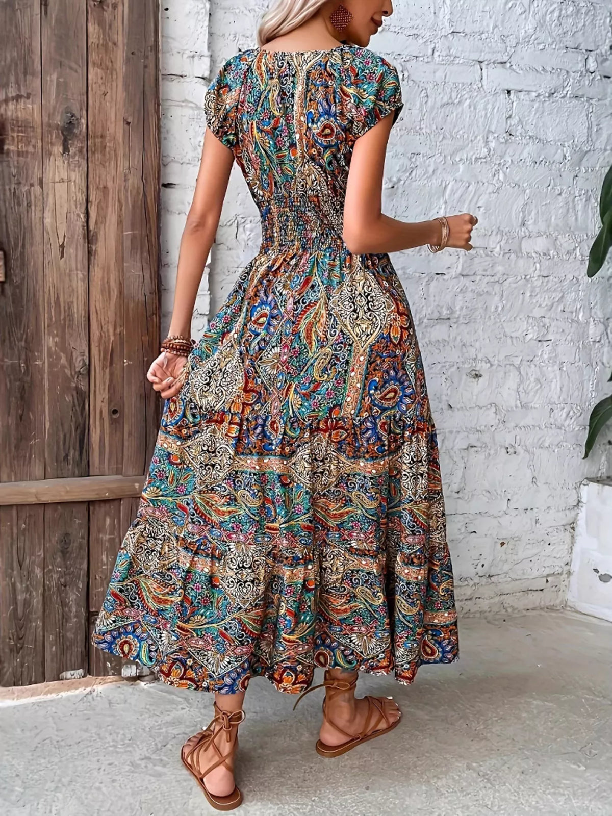 Paisley print cap sleeve tiered maxi dress front view