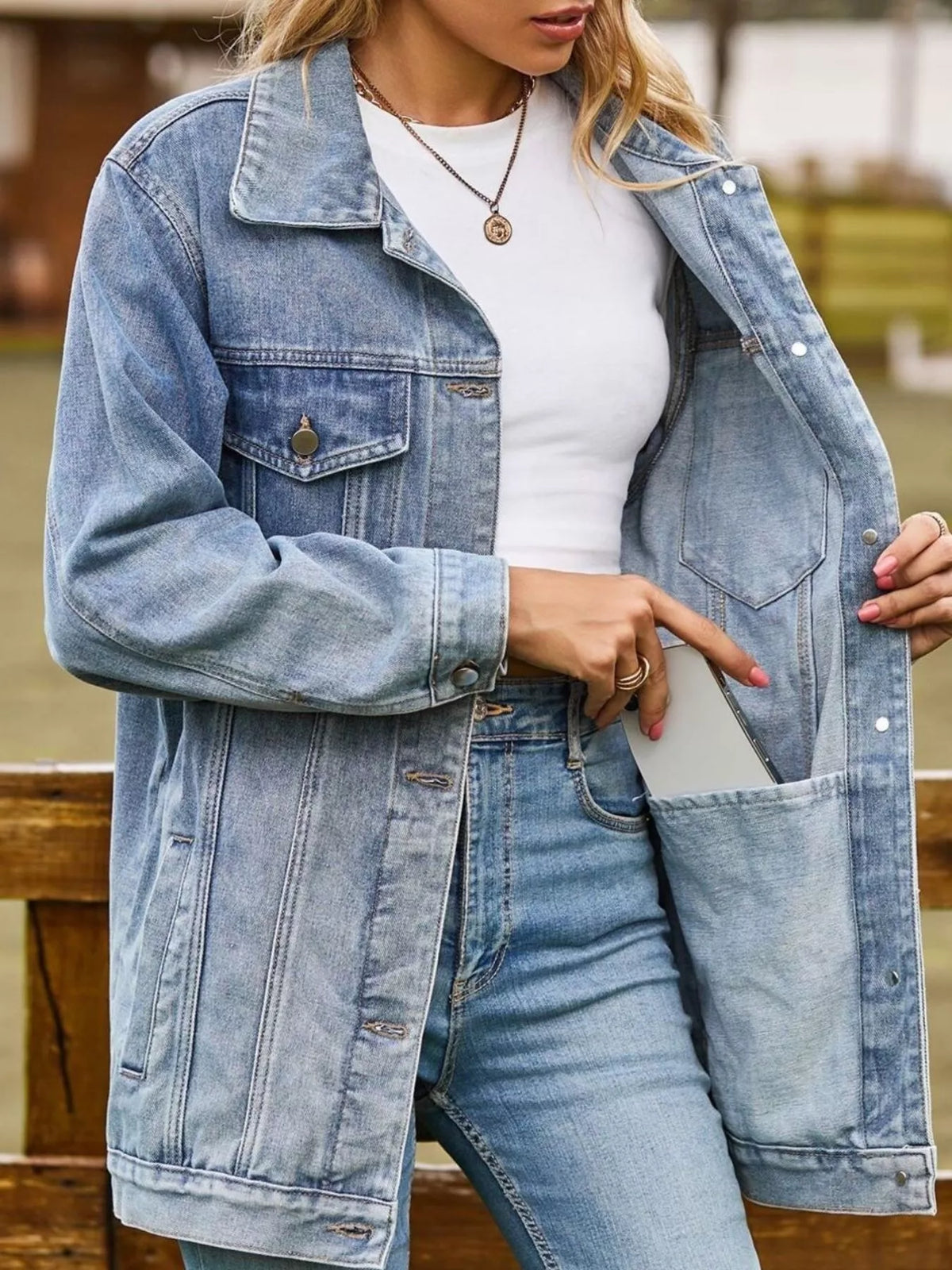 Washed Denim Jacket in Hot Pink on model