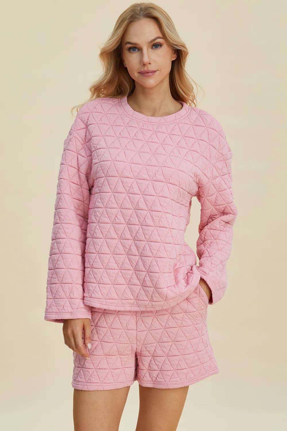 Textured round neck top and shorts set front view