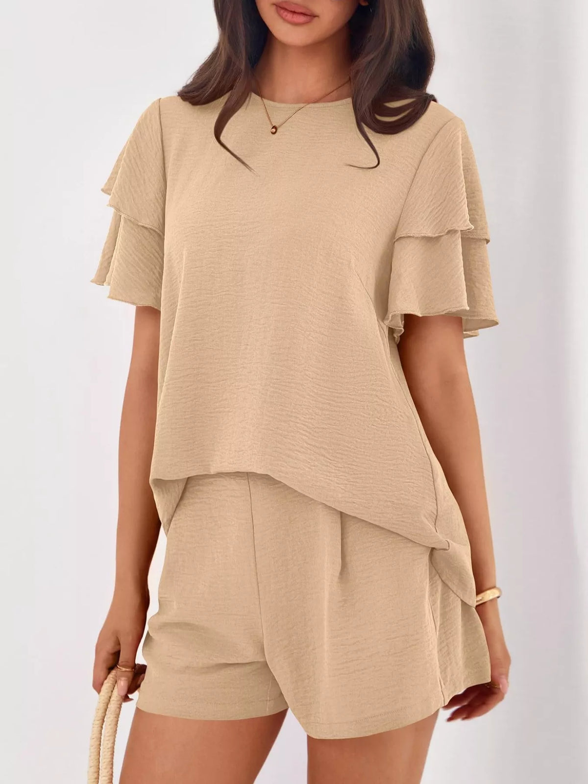 Ruffle sleeve matching top and shorts set