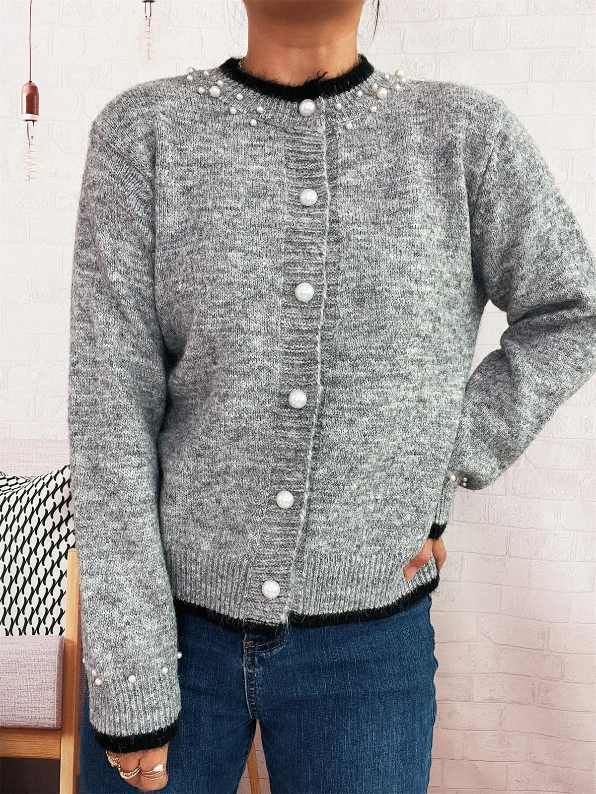 pearl button front ribbed cardigan full length view