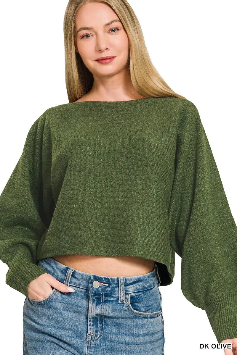 Balloon sleeve knit sweater in dark olive side detail