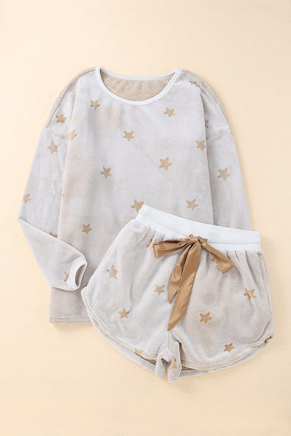 Round Neck Dropped Shoulder Star Print Top and Shorts Lounge Set - Fashorio