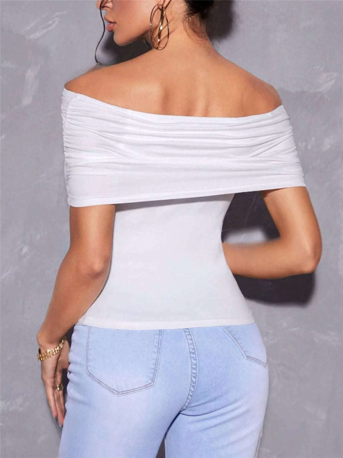 White off shoulder ruched t shirt styling view