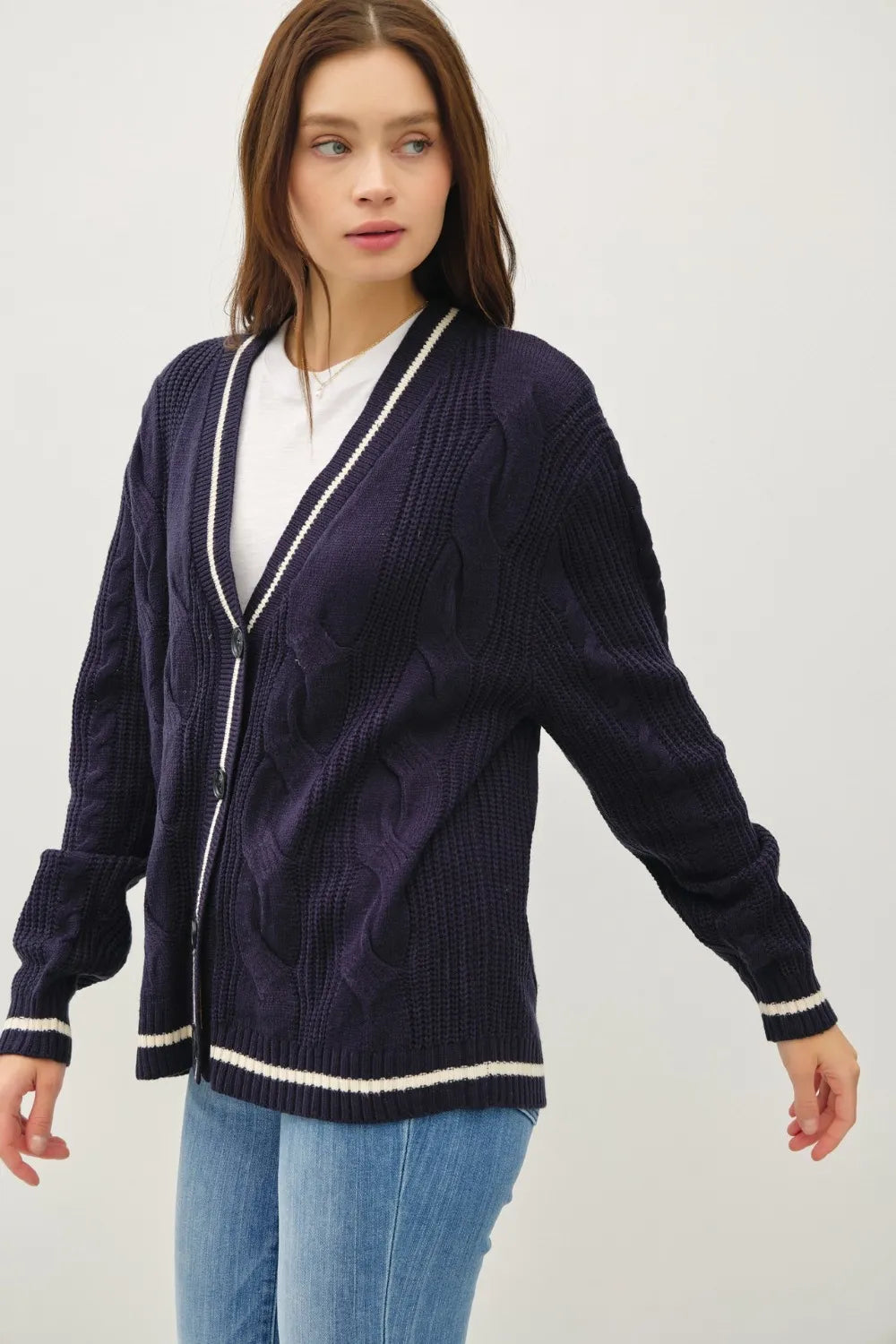 Be Cool Contrast Trim Cable-Knit V-Neck Cardigan - Fashorio