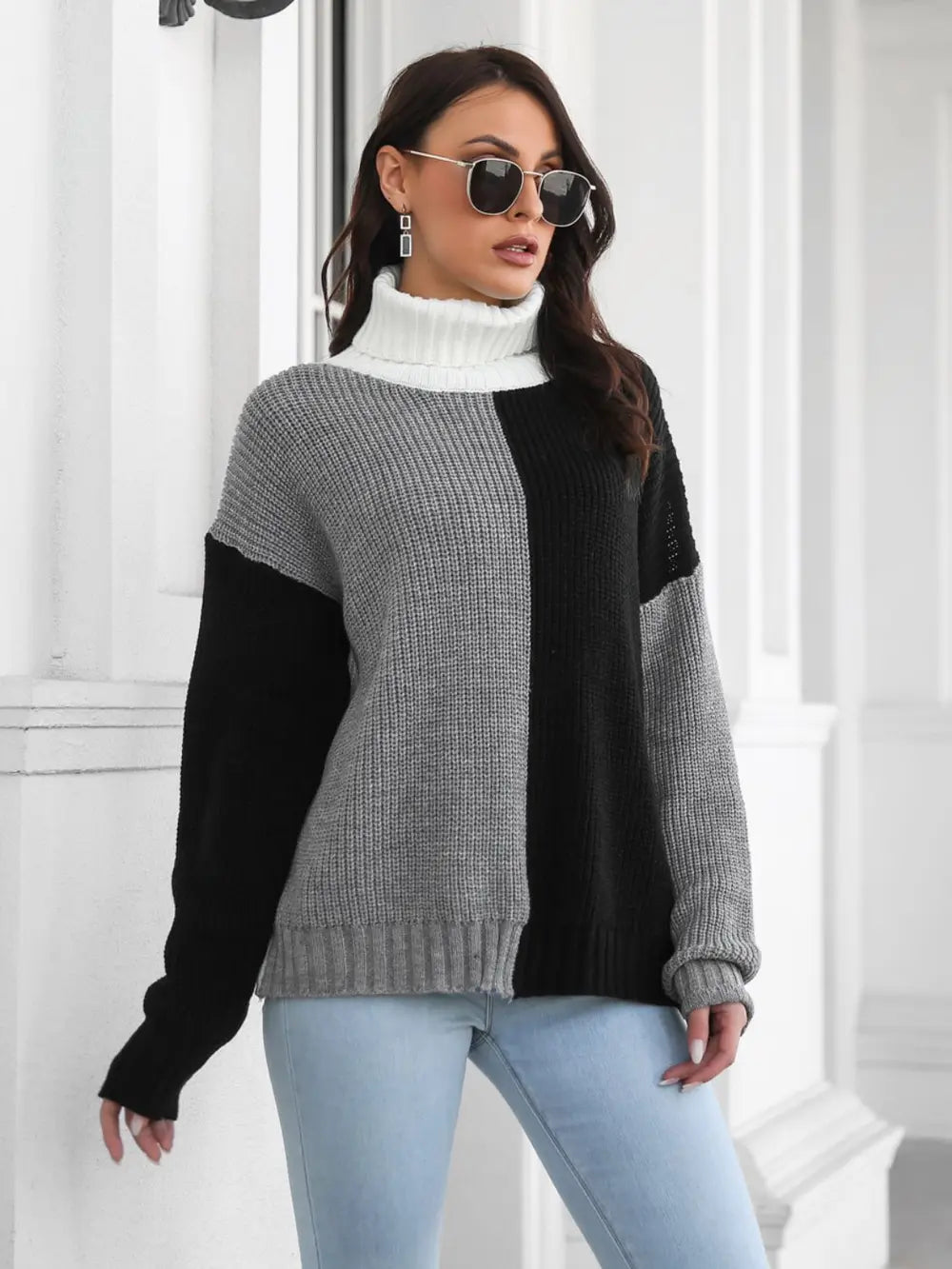 Contrast Turtleneck Long Sleeve Sweater - Fashorio
