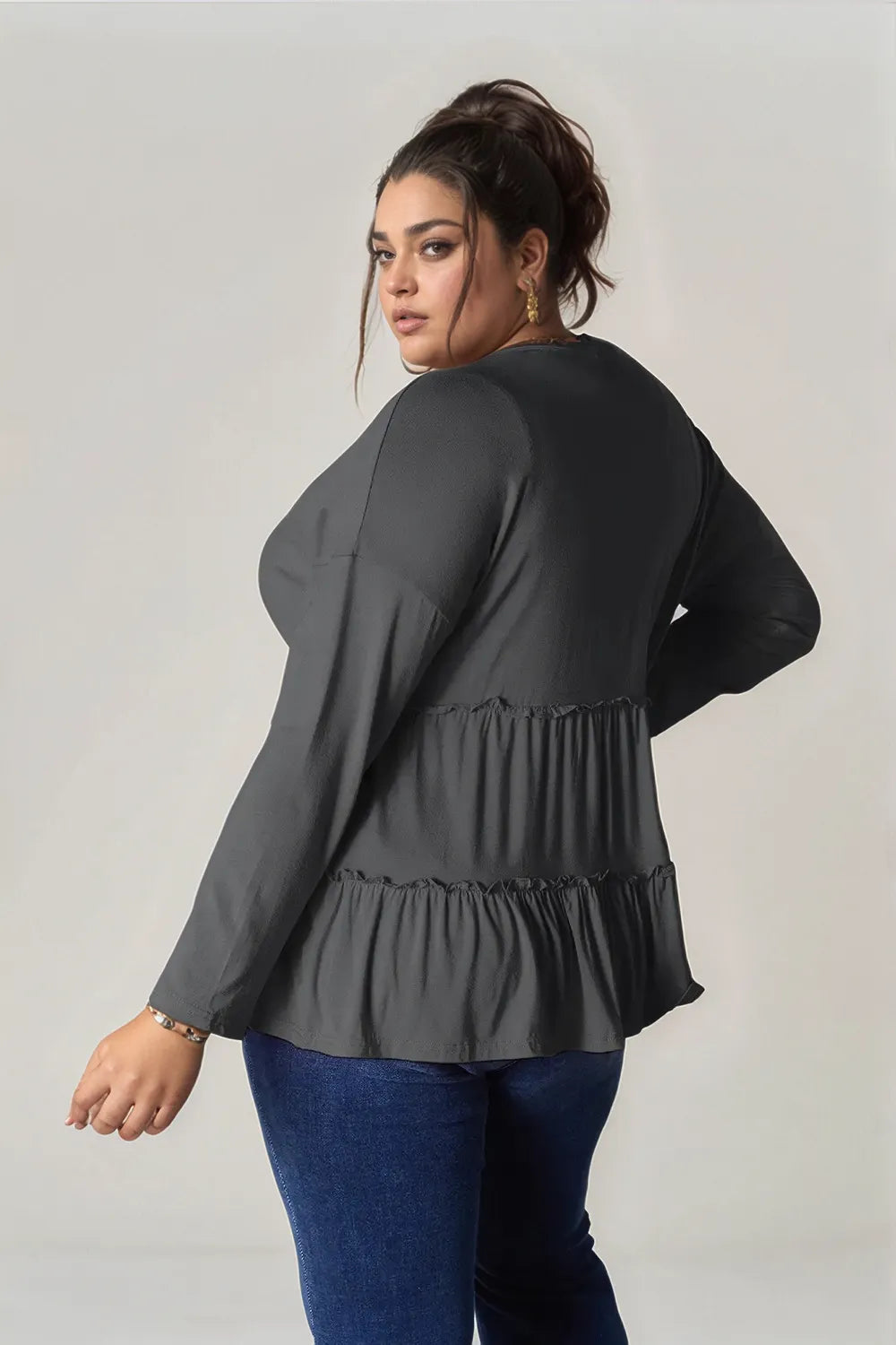Double Take Half Button Long Sleeve Ruffle Hem Blouse - Fashorio