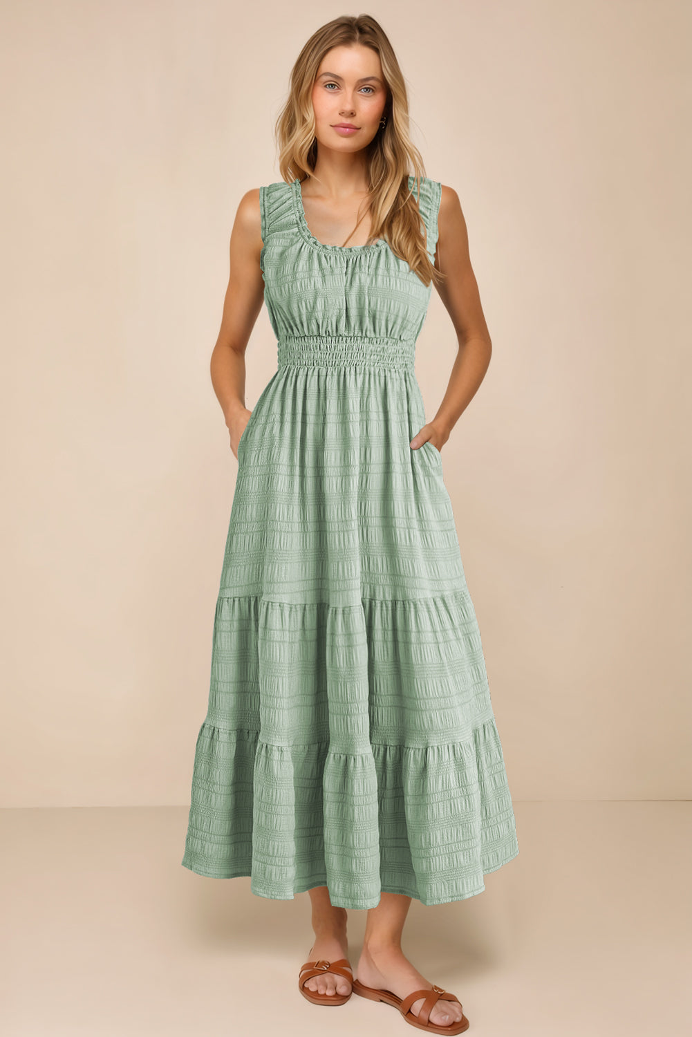 Green shirred midi dress back view