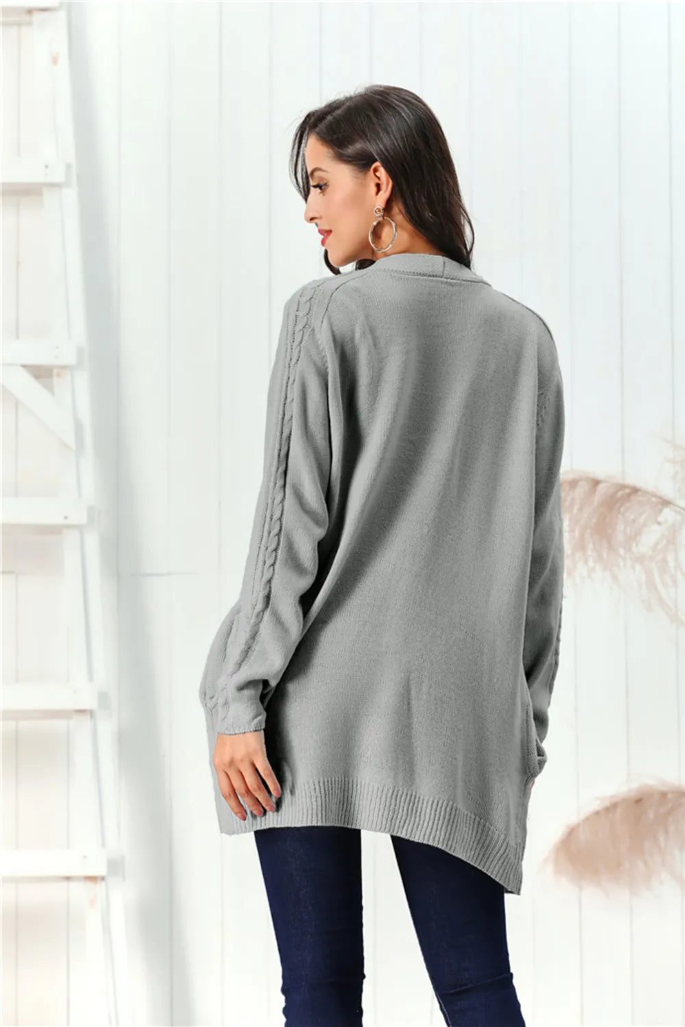 Cable-Knit Open Front Long Sleeve Cardigan - Fashorio