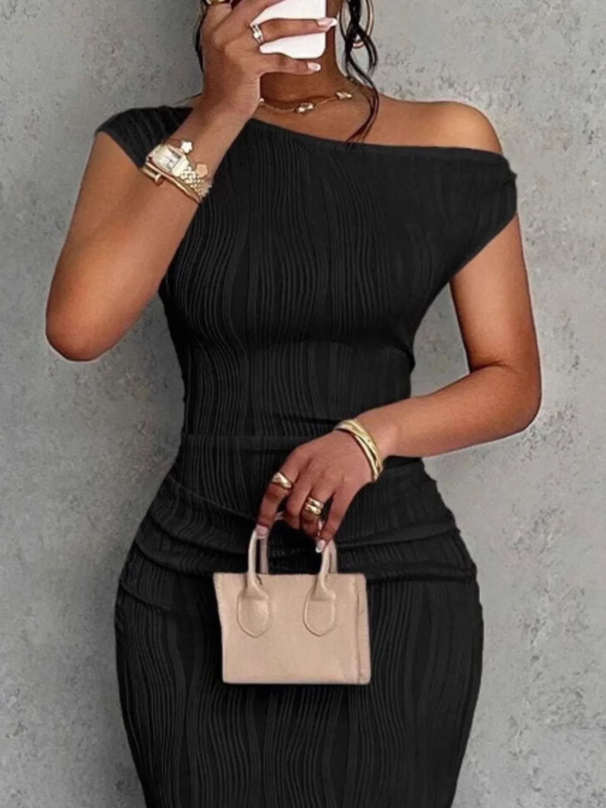 single shoulder ribbed bodycon maxi dress back view