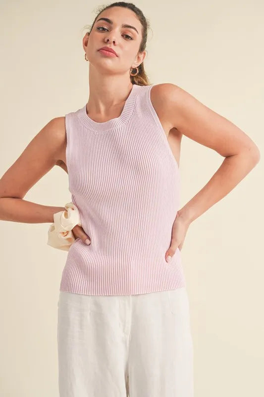 Blush pink ribbed round neck knit tank front view