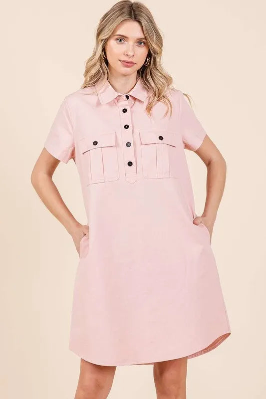 Button Detail Collared Neck Short Sleeve Shirt Dress