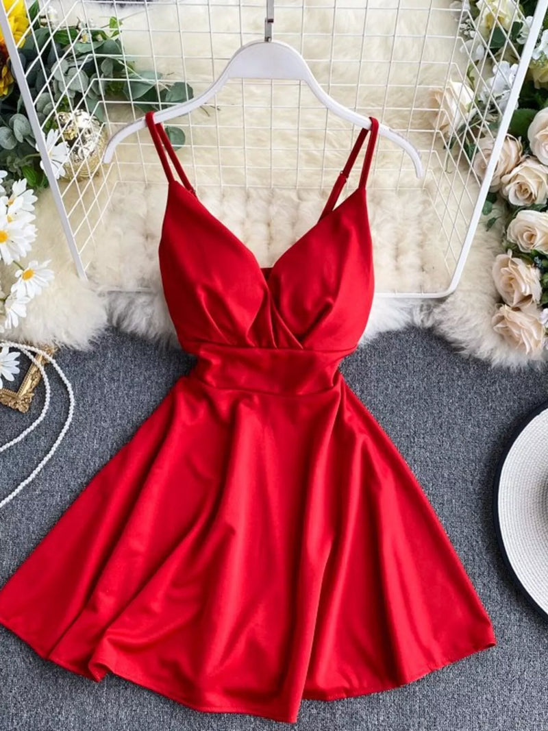 surplice spaghetti strap mini dress front view