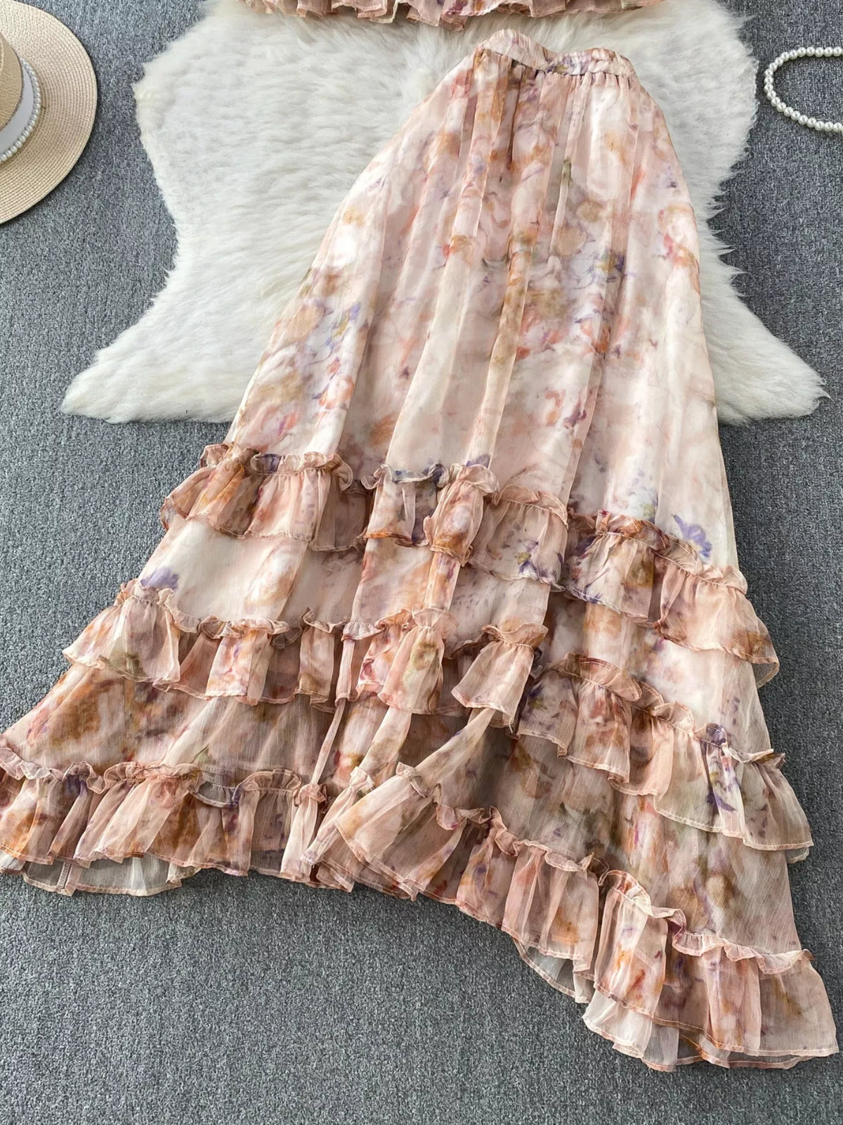 Floral Ruffle Hem Blouse and Skirt Set, view 24