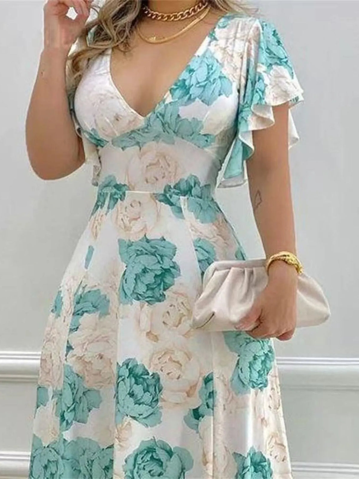 Plus size floral v neck maxi dress in light green side view
