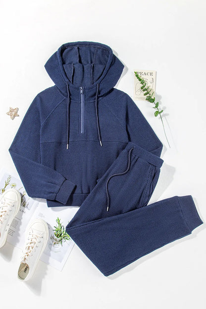 Drawstring Half Zip Hoodie and Joggers Active Set - Fashorio