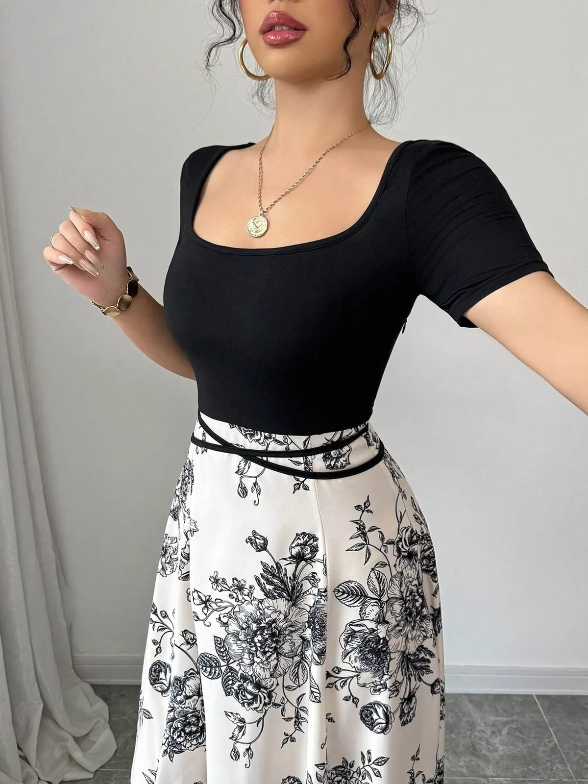 Black floral print square neck maxi dress front view