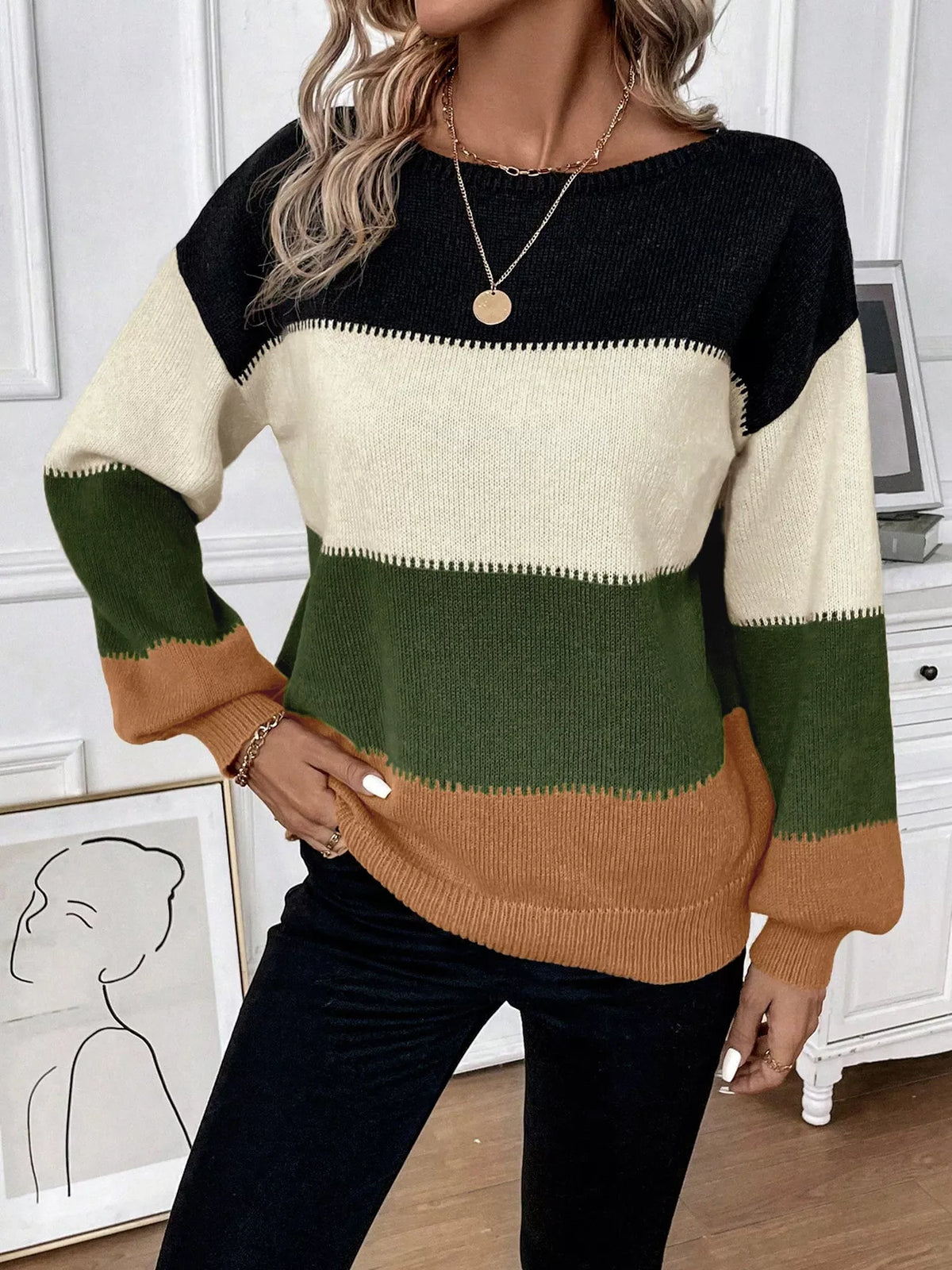 Color block round neck knit sweater, side profile view