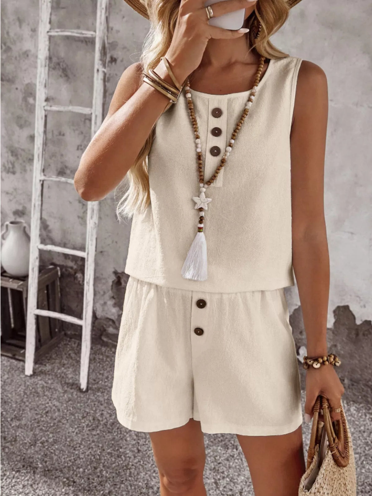 Button tank top and matching shorts side view