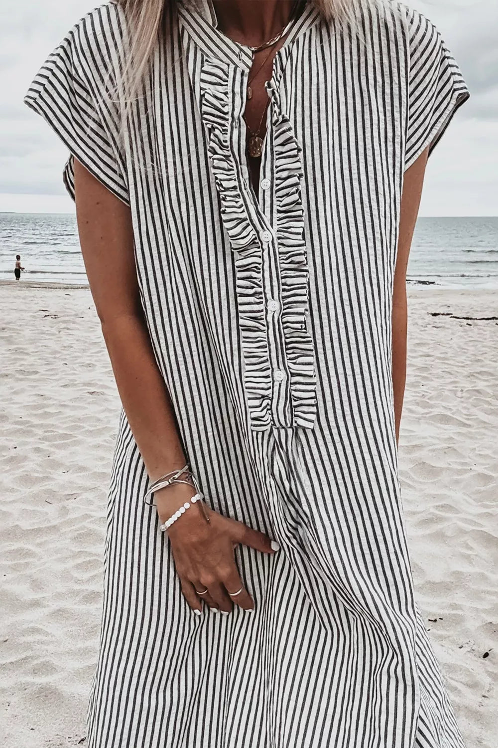 striped ruffle button front maxi dress back view