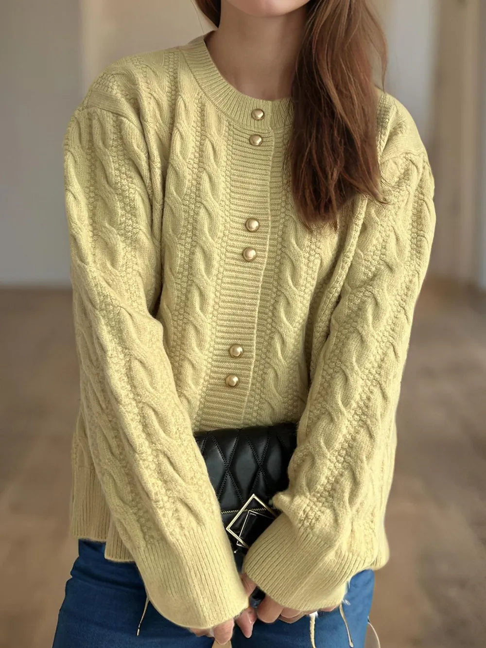 Cable-Knit Round Neck Long Sleeve Cardigan Pastel Yellow One Size - Fashorio