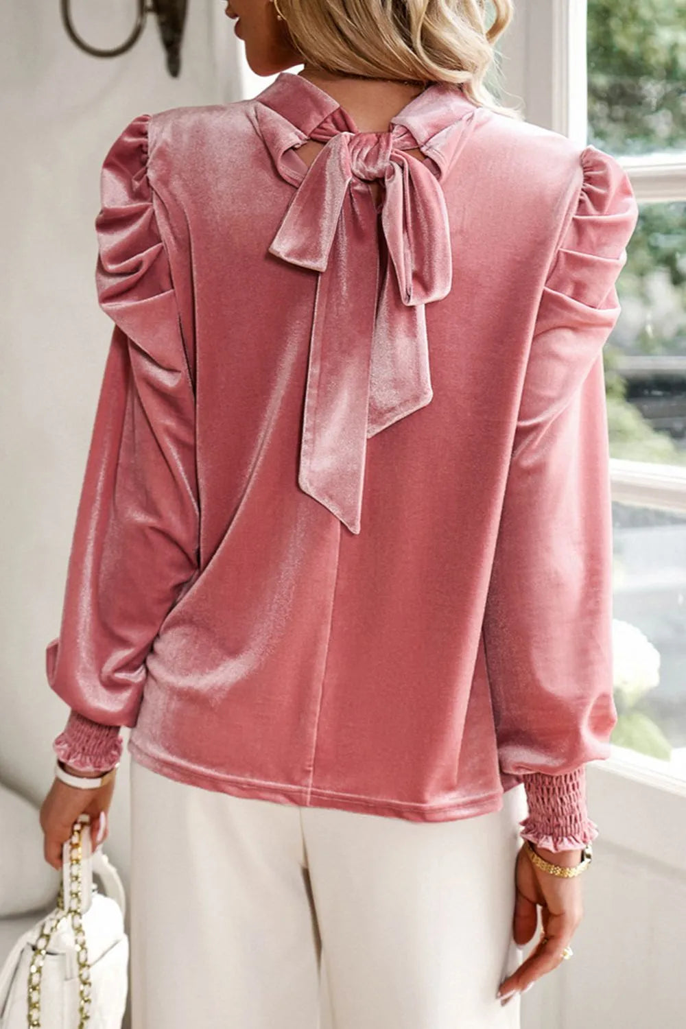 Tie Up Mock Neck Velvet Fabric Long Sleeve Blouse - Fashorio