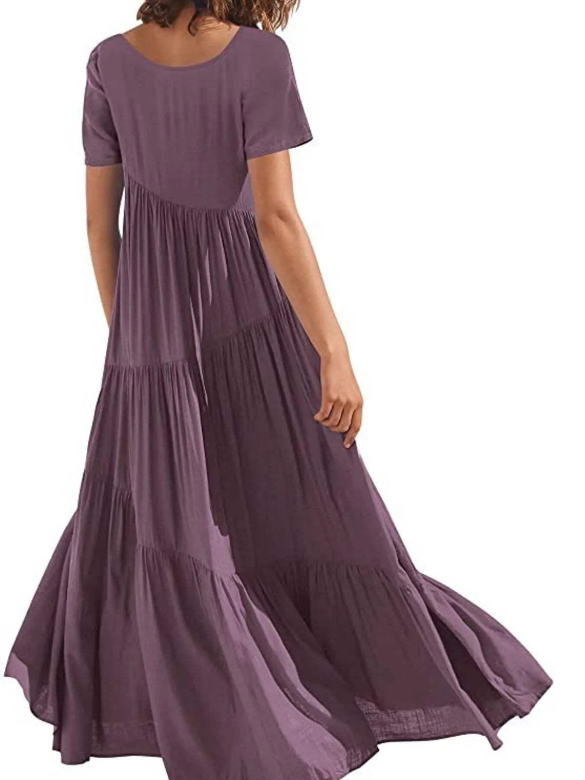 round neck tiered ruffle maxi dress waist detail