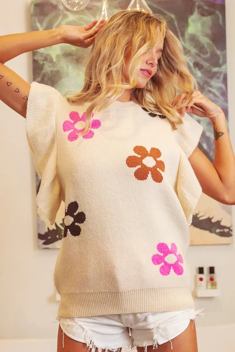 Floral Print Ruffled Sleeve Knit Top, view 8