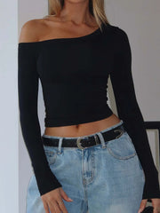 One Shoulder Long Sleeve Crop T-Shirt Black - Fashorio