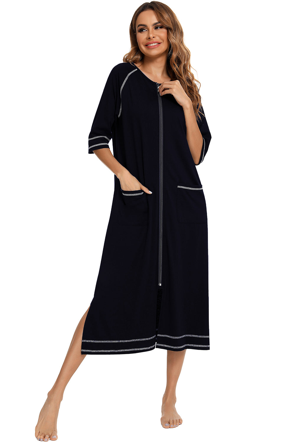 Zip Up Slit Round Neck Night Dress with Pockets - Fashorio