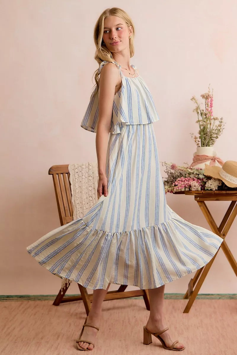 White and blue striped tiered midi dress with shoulder ties front view