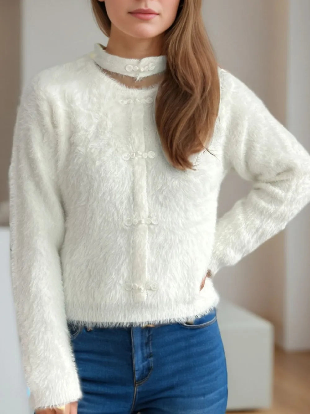 Cutout Knot Button Long Sleeve Cardigan - Fashorio