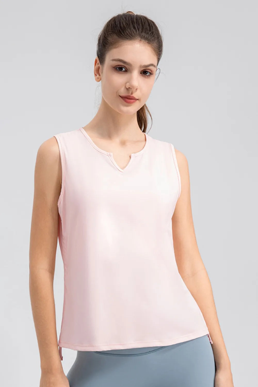 Notched neck wide strap active tank front detail