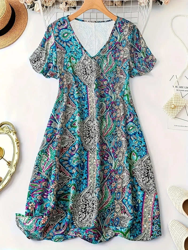 Plus size paisley print V neck dress front view