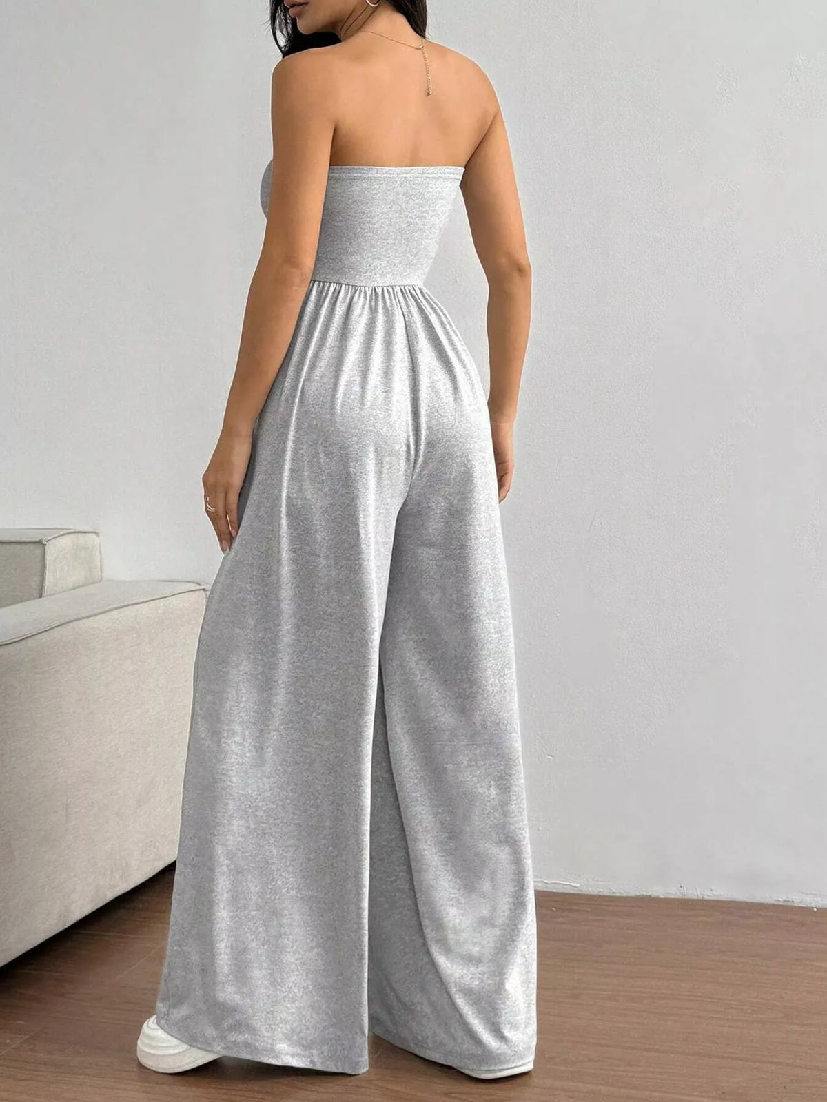 Wide leg strapless tube top jumpsuit back view