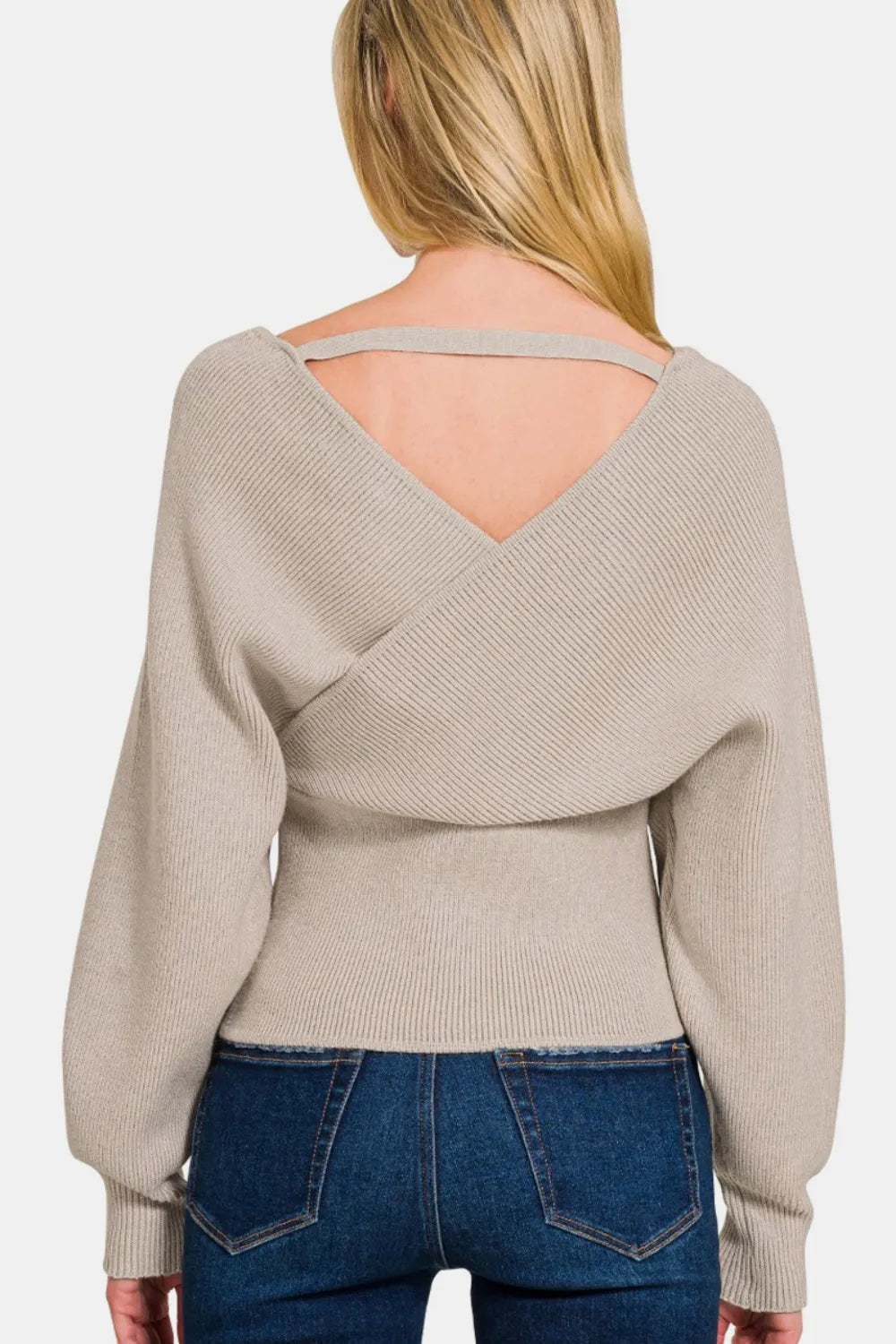 Cross Wrap Ribbed Long Sleeve Sweater in Mocha back view